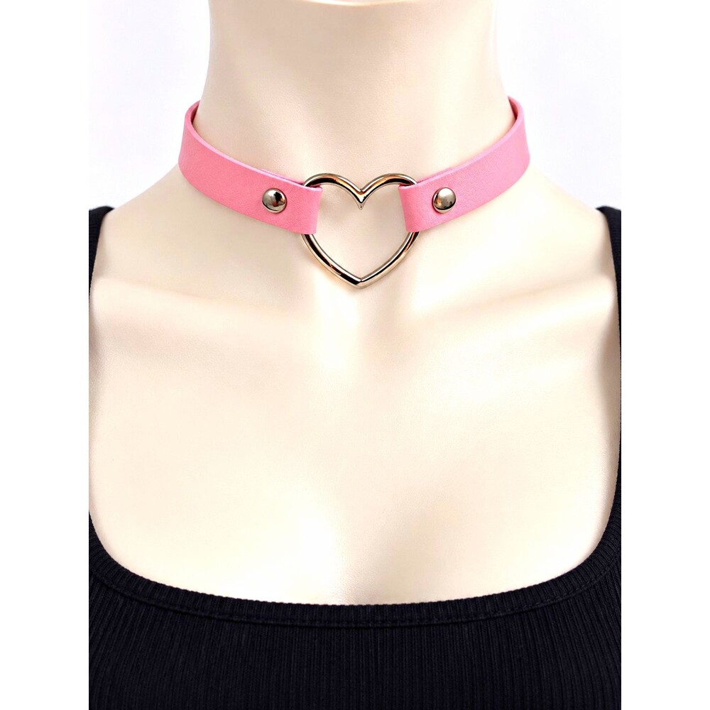 Pink Faux Leather Cord Choker Necklace Silver Tone Heart Pendant Love & Hearts